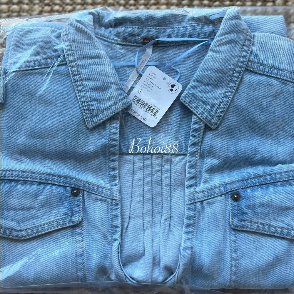 NWT Free People Rowley Denim Mini Dress Belted Button Front Plunge V-Neck - Picture 8 of 11